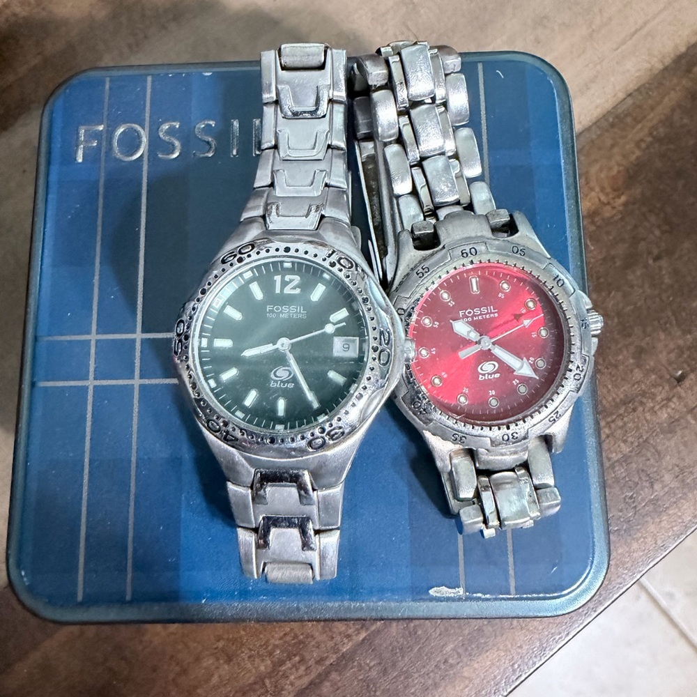 Fossil Silver Watches with Green and Red Dials